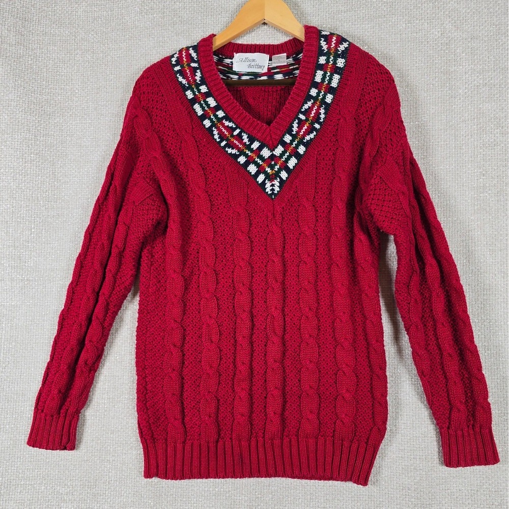 Allison Brittney Red Cable Knit V-Neck Sweater Fair Isle Trim Ramie Cotton Sz M